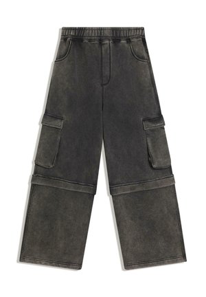 Tmavomodré nákladné nohavice s elastickým pásom, bočnými vreckami a zipsovým detailom rozdeľujúcim časť stehna a dolnú časť nohy.