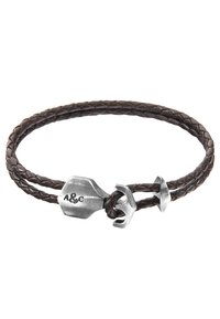Brown braided leather bracelet with a stainless steel hook clasp and a silver-colored pendant engraved with "A&C."