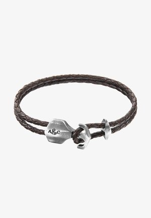 Brown braided leather bracelet with a stainless steel hook clasp and a silver-colored pendant engraved with "A&C."