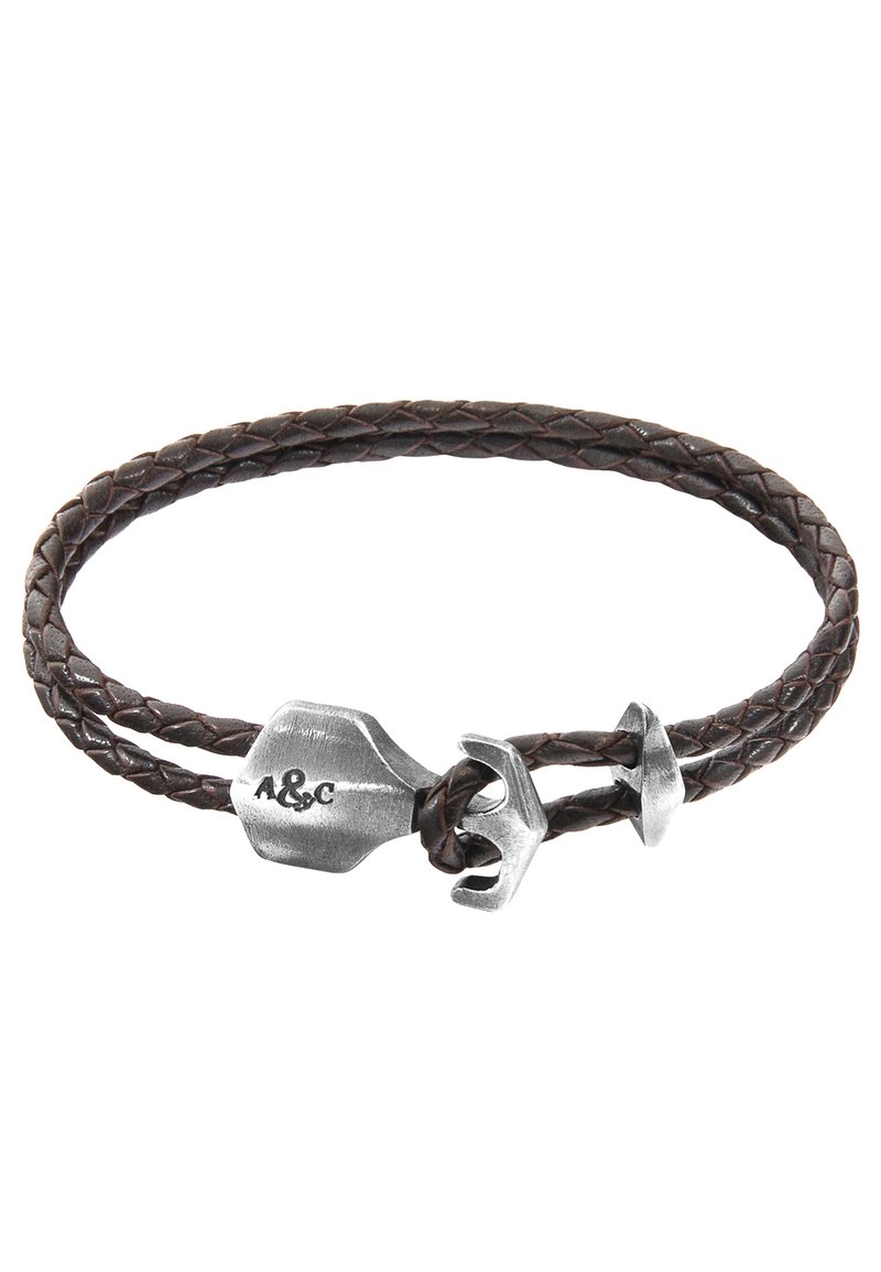 Brown braided leather bracelet with a stainless steel hook clasp and a silver-colored pendant engraved with "A&C."