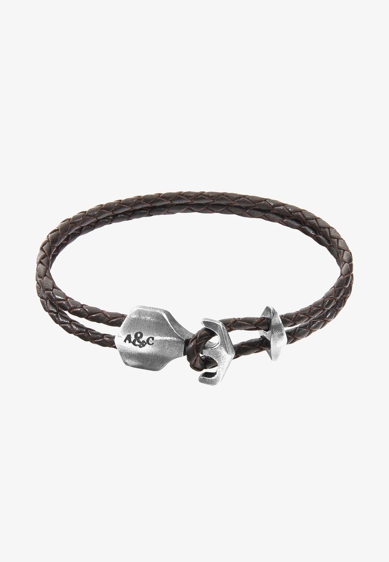 Brown braided leather bracelet with a stainless steel hook clasp and a silver-colored pendant engraved with "A&C."