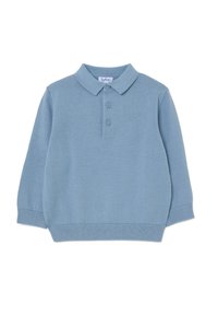 Lichtblauw, langmouw polo trui in zachte brei-stof met een kraag, drie knopen sluiting en subtiele borduring "WINTER TIME".