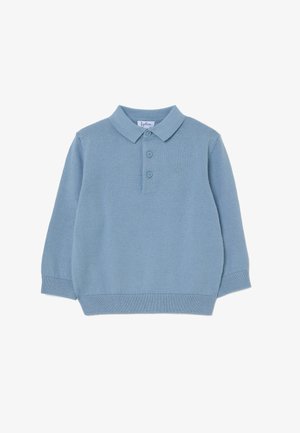 Light blue, long-sleeve polo sweater in soft knit fabric with a collared neckline, three-button placket, and subtle "WINTER TIME" embroidery.