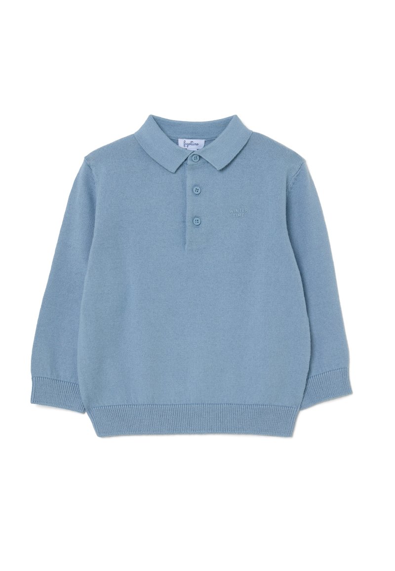 Lichtblauw, langmouw polo trui in zachte brei-stof met een kraag, drie knopen sluiting en subtiele borduring "WINTER TIME".