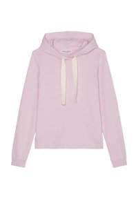 Sudadera rosa claro hecha de una tela suave, con capucha ajustable y acentos en color crema, mangas largas y un corte relajado.