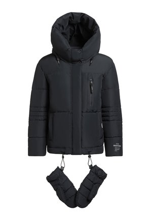 Schwarze Daunenjacke mit großem, hohem Kragen, langen Ärmeln, Reißverschlusstasche und abnehmbaren gepolsterten Handschuhen. Glattes, isoliertes Material.