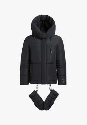 Schwarze Daunenjacke mit großem, hohem Kragen, langen Ärmeln, Reißverschlusstasche und abnehmbaren gepolsterten Handschuhen. Glattes, isoliertes Material.