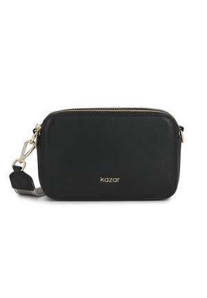Bolso bandolera rectangular negro con cremallera dorada, logo "kazar" dorado y correa de hombro a rayas desmontable con cierres dorados.