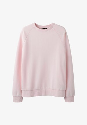 Felpa leggera rosa chiaro con scollo rotondo, maniche lunghe e polsini e orlo a costine, design semplice su sfondo bianco.