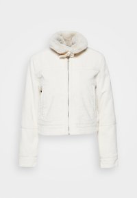 White corduroy jacket with a faux fur collar, zip closure, and side pockets; textured fabric with a cropped design.
