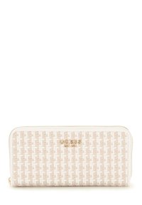 Gewebte beige Geldbörse mit glatter Textur, die ein goldenes Logo auf der Vorderseite und einen Reißverschluss oben hat. Ihr Design ist rechteckig.