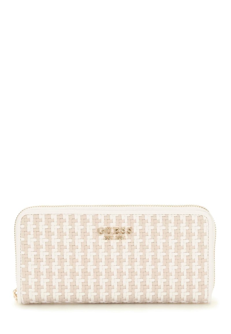 Gewebte beige Geldbörse mit glatter Textur, die ein goldenes Logo auf der Vorderseite und einen Reißverschluss oben hat. Ihr Design ist rechteckig.