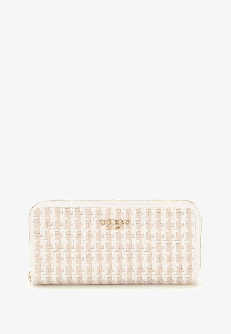 Portofel bej țesut, cu o textură netedă, având un logo auriu pe față și o închidere cu fermoar în partea de sus. Designul său este rectangular.