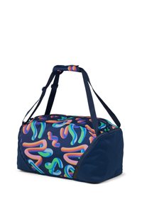 Marinefarbene Duffel-Tasche mit bunten, abstrakten Mustern. Verfügt über zwei Schultergurte, einen Reißverschluss und eine strapazierfähige Stoffoberfläche.