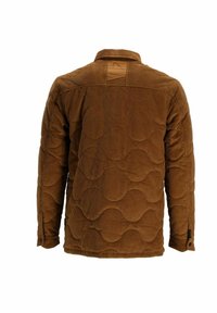 Veste en velours côtelé marron avec motif matelassé ondulé, manches longues et poignets boutonnés, vue de dos sur fond blanc.