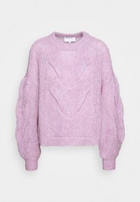 Maglione rosa a maglia con motivo a trecce, scollo rotondo e maniche a palloncino. Tessuto strutturato con vestibilità ampia e orlo a coste.