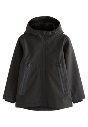 Czarna kurtka z kapturem, zapinana na zamek z przodu, z dwoma zapinanymi na zamek bocznymi kieszeniami oraz regulowanymi sznurkami przy kapturze.