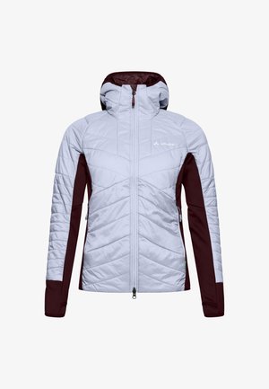 Hellblaue isolierte Jacke mit einer kastanienbraunen Kapuze und Ärmeln. Verfügt über ein diagonales Steppmuster, hohen Kragen und einen Reißverschluss auf der Vorderseite.