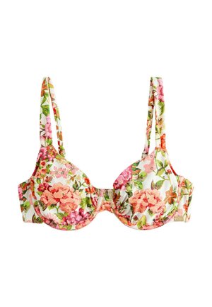 Floral underwire bra with pink, red, and green flowers on white fabric, featuring adjustable straps.