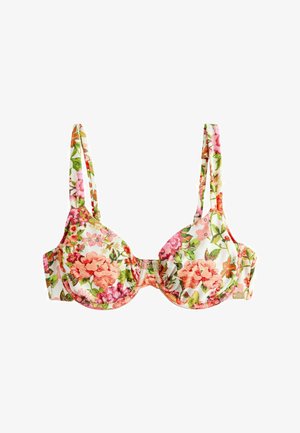 Floral gemusterter Bügel-BH mit pinken, roten und grünen Blumen auf weißem Stoff, mit verstellbaren Trägern.