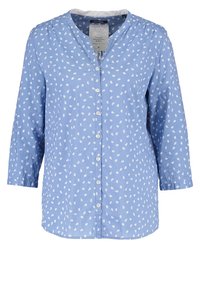 Chemise boutonnée bleu clair à manches trois-quarts, ornée d'un motif de feuilles blanches et dotée d'un col arrondi. Tissu en coton doux.