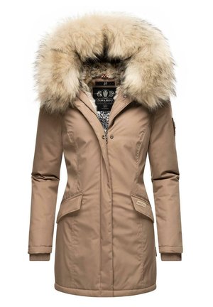 Beige parka-jas met een grote nepbont capuchon, voorzakken, geribde manchetten en een patroon op de binnenvoering. Voorzien van drukknopen en ritssluiting.