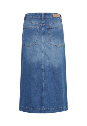Denim midi krilo v srednji modri barvi, ki ima oblikovan pas, dve zadnji žepki in čist rob. Tekstura je gladka z rahlim zbledelostjo.