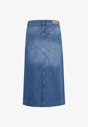 Demi midi-hame, joka on keskisininen, sisältää muotoiltua vyötäröä, kaksi takataskua ja siistin helman. Tekstuuri on sileä ja siinä on hieman haalistumista.