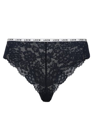 Ναυτικά εσώρουχα με δαντέλα και κομψές άκρες, και λευκή ελαστική ζώνη μέσης με λογότυπο "LSCN". Πολύπλοκο σχέδιο λουλουδιών σε όλη την επιφάνεια.
