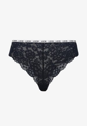 Navy lace briefs with scalloped edges and a white elastic waistband featuring "LSCN" branding. Intricate floral lace pattern throughout.
