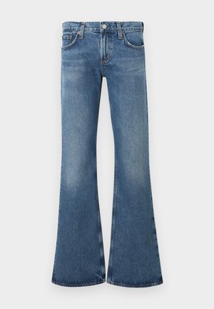 Jean en denim bleu à taille haute avec jambes évasées larges, bouton sur le devant et style cinq poches.