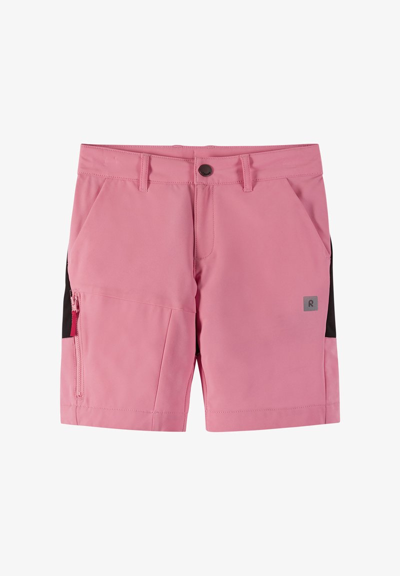 Bermudas cor-de-rosa com detalhes em preto, apresentando um bolso com fecho e um botão, além de dois bolsos frontais. Feitas de um material liso e leve.