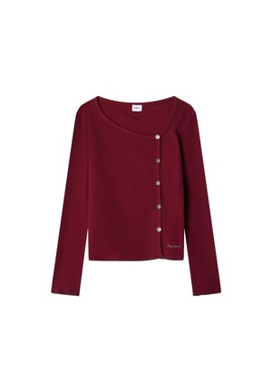 Maglione bordeaux a maglia con maniche lunghe, scollatura asimmetrica e cinque bottoni argentati sul lato sinistro; presenta un logo ricamato sull'orlo.