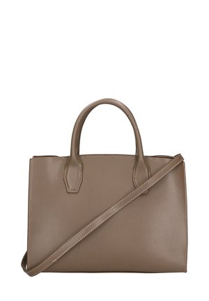 Sac à main en cuir texturé marron, de forme rectangulaire, avec deux courtes poignées et une bandoulière longue réglable. Présente des coutures contrastées.