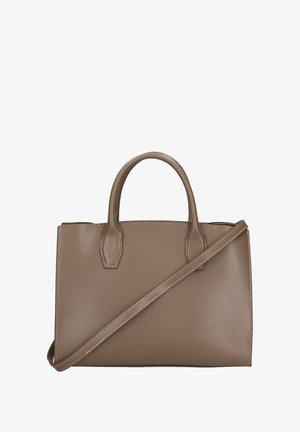 Bruine leren handtas met een rechthoekige vorm, dubbele korte handvatten en een verstelbare lange schouderband. Bevat contrasterende stiksels.