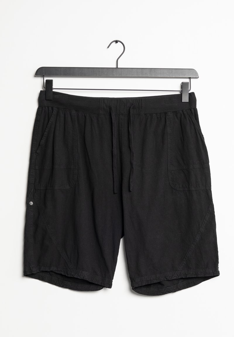 Shorts noirs en tissu léger, dotés d'une ceinture élastique, d'un cordon de serrage et de deux poches latérales avec des détails de couture visibles.