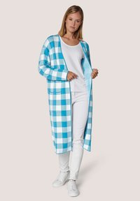 Geruite lange cardigan in blauw en wit, gemaakt van zachte stof met een open voorkant, zijzakken en lange mouwen. Draagt over een witte top en een broek.