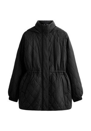 Černá prošívaná péřová bunda s vysokým límcem, elastickým pasem a dlouhými rukávy. Má zapínání na zip a hladký texturu látky.