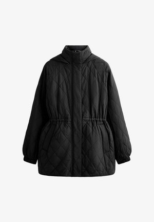 Černá prošívaná péřová bunda s vysokým límcem, elastickým pasem a dlouhými rukávy. Má zapínání na zip a hladký texturu látky.