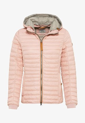 Light pink puffer jacket with a gray hood, front zipper, ribbed cuffs, horizontal quilting, and a leather accent near the zipper.