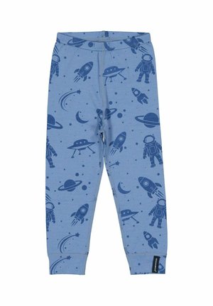 Blå børneleggings med mørkeblå rum-tema tryk, der inkluderer raketter, astronauter, planeter, UFO'er og stjerner.