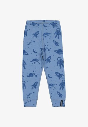 Blå børneleggings med mørkeblå rum-tema tryk, der inkluderer raketter, astronauter, planeter, UFO'er og stjerner.