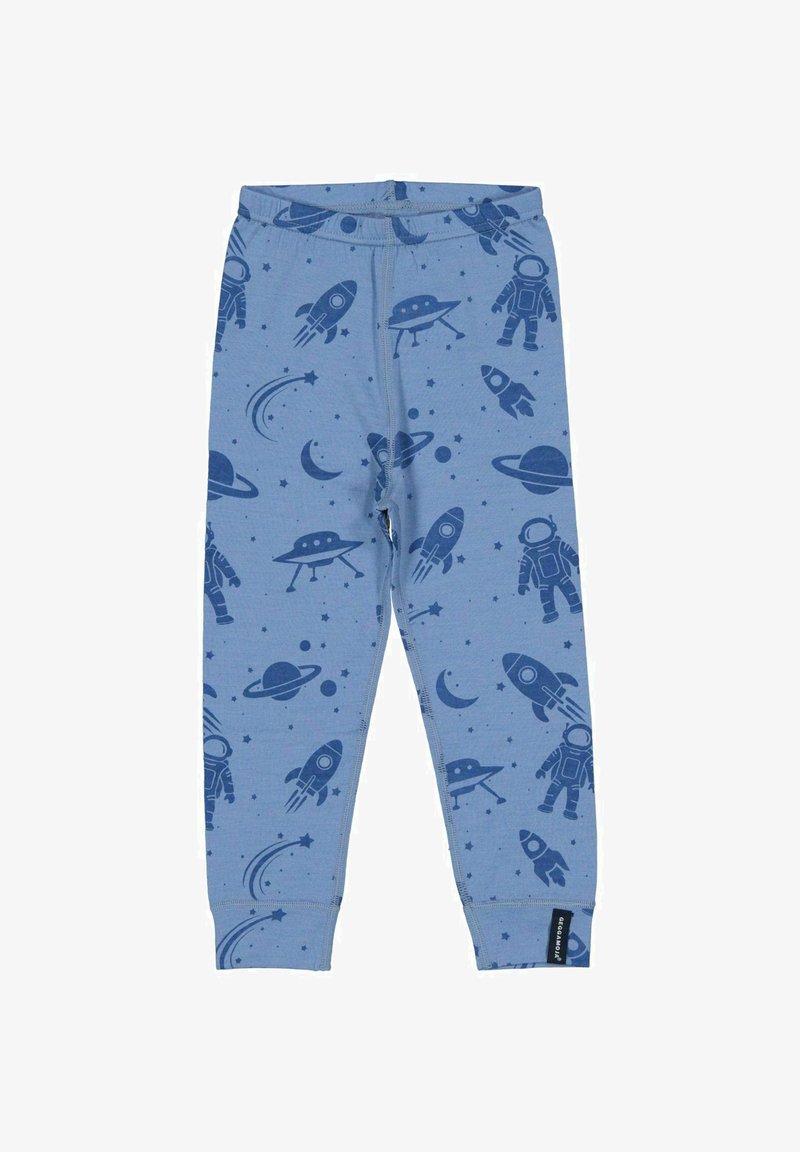 Blå børneleggings med mørkeblå rum-tema tryk, der inkluderer raketter, astronauter, planeter, UFO'er og stjerner.