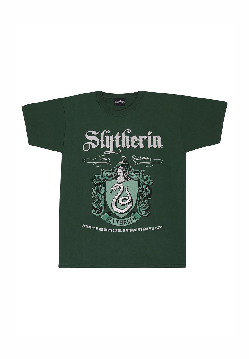 Zielona bawełniana koszulka z herbem Slytherinu, stylizowanym tekstem i dekoracyjnymi akcentami; krótki rękaw, okrągły dekolt, luźny krój.