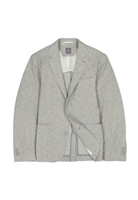 Gray textured blazer with a notched collar, two front pockets, and four-button cuffs. Features contrasting interior lining and subtle stitching.