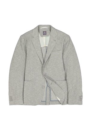 Grauer strukturierter Blazer mit Reverskragen, zwei Fronttaschen und vier-Knopf-Manschetten. Mit kontrastierendem Innenfutter und dezenter Nahtverarbeitung.