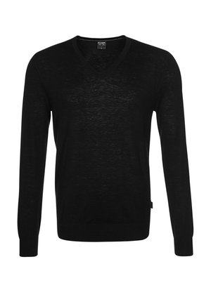 Pull noir à manches longues pour homme avec col en V, coupe ajustée et poignets côtelés, présenté sur un fond blanc uni.