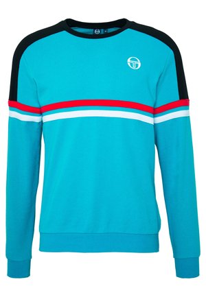 Turkis langærmet sweatshirt med sorte skulderpaneler, røde og hvide vandrette striber og et lille hvidt logo på venstre bryst.