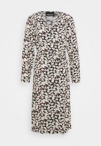 Svart blommig klänning med långa ärmar, v-ringning och knytmidja. Har vita och burgundiska blommor i ett spritt mönster. Mjuk tyg.