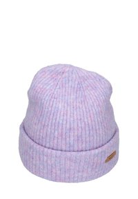 Gorro de lana, lavanda claro con manchas rosas, textura acanalada, diseño con vuelta, y una pequeña etiqueta de piel en el costado.